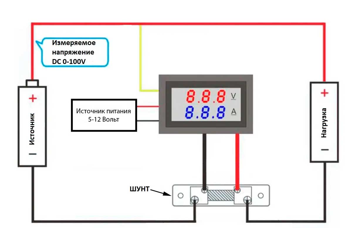 Подключение измерителя тока и напряжения с внешним шунтом