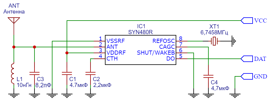 Схема электрическая принципиальная модуля приёмника SYN480R