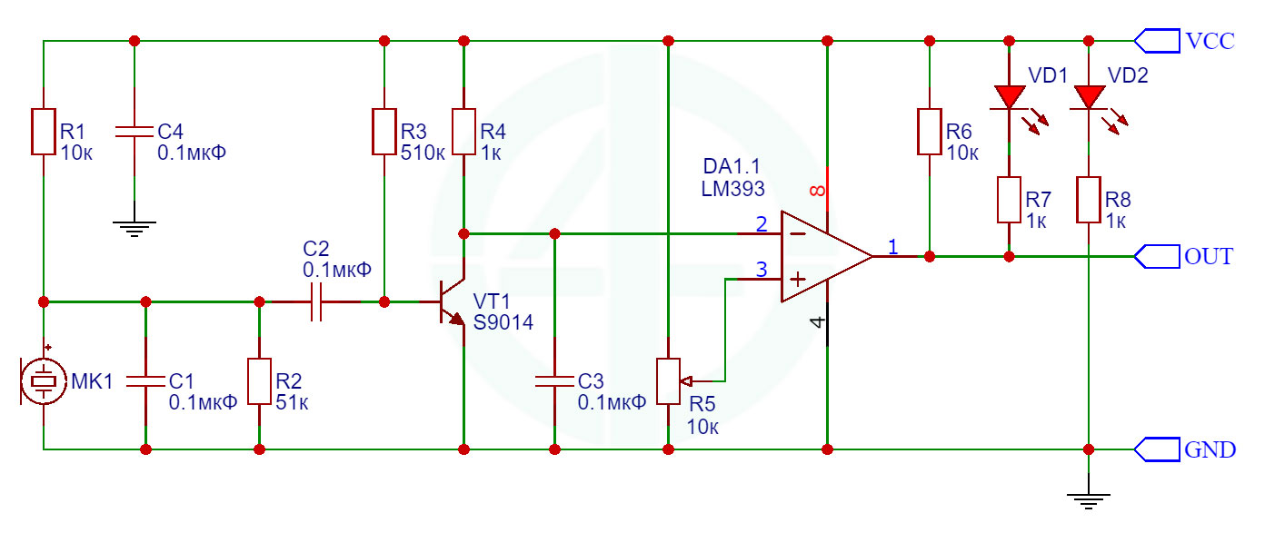 Схема электрическая принципиальная модуля датчика звука для Ардуино