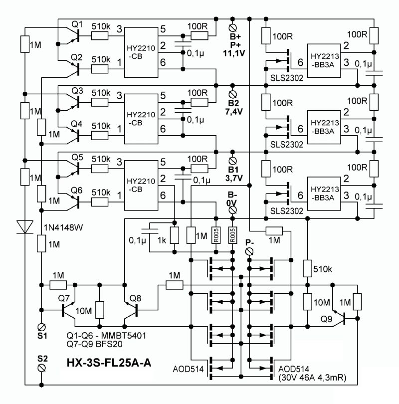 Схема электрическая принципиальная модуля BMS HX-3S-FL25A-А