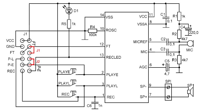 Схема электрическая принципиальная модуля ISD1820