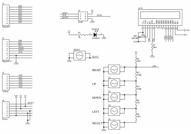 Схема электрическая принципиальная модуля LCD1602 Keypad SHIELD 