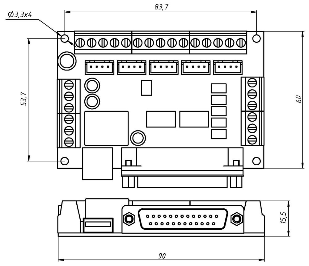 Габаритный чертеж модуля ЧПУ контроллера Mach3 с LPT на 5 координат