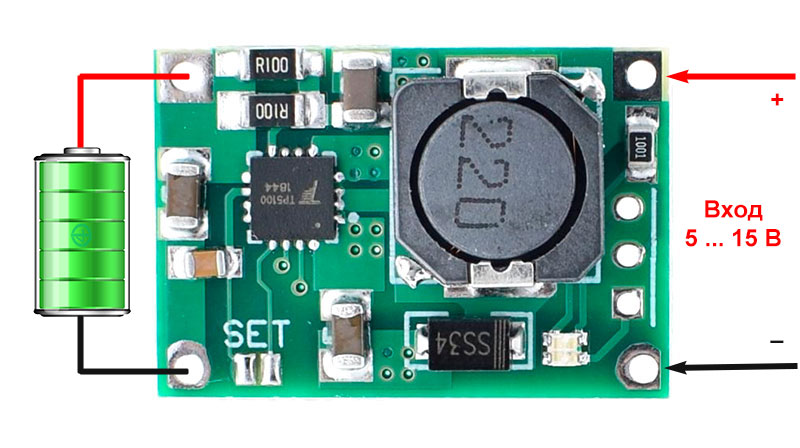 Включение модуля TP5100 с одним аккумулятором